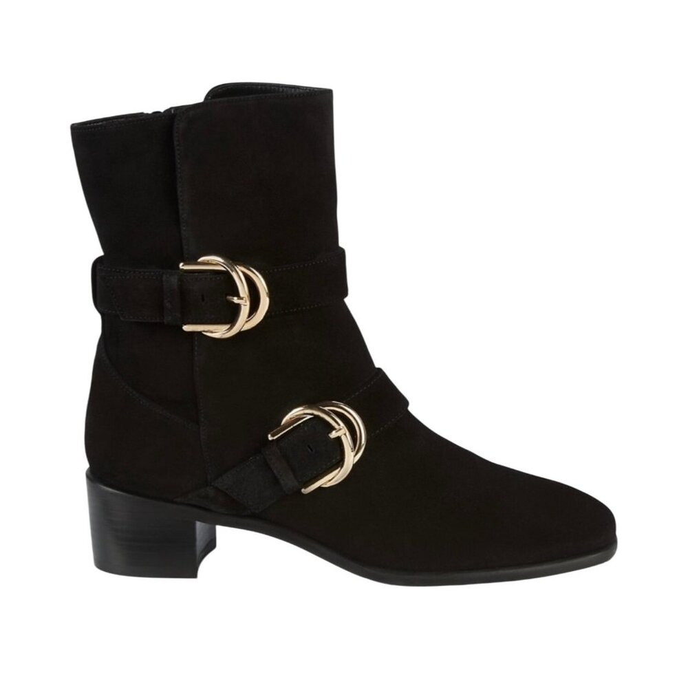 Stuart Weitzman Britain Black Suede Ankle Boots With Gold Buckles & Zipper 6